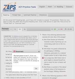 Find out why an answer is wrong or right by taking the test untimed. This is a screenshot of the Reading test taken untimed, with an error marked and the answer explanation.